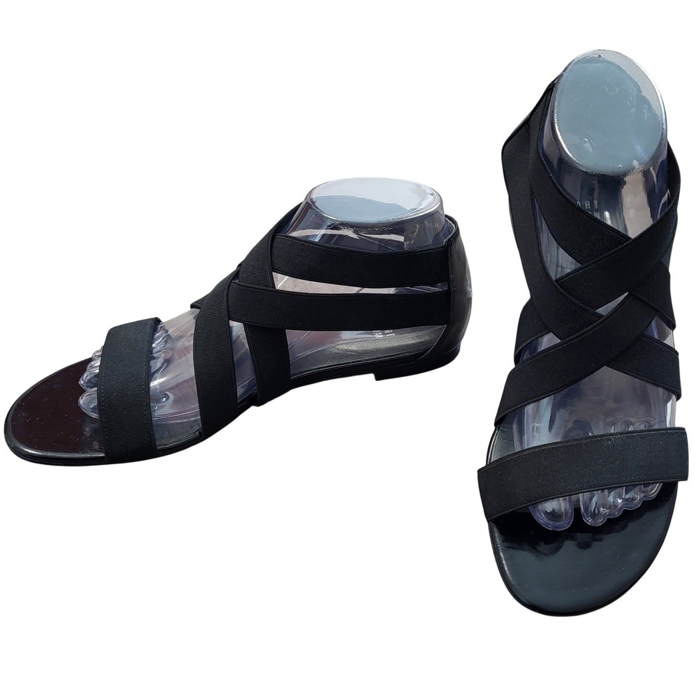 Stuart Weitzman Black Strappy Elastic Flat Sandals